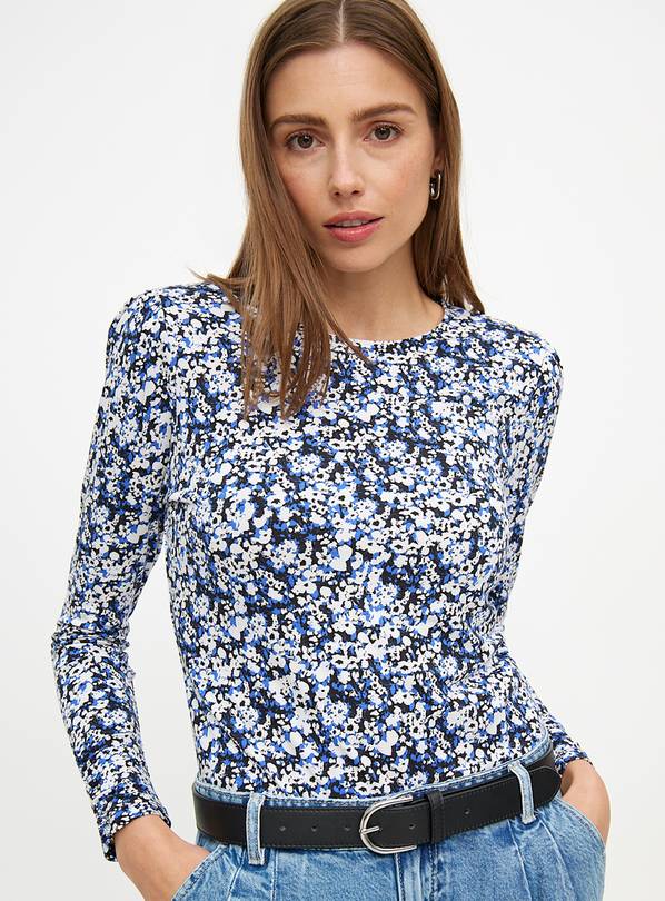 Blue Floral Print Gather Sleeve Long Sleeve Top 16